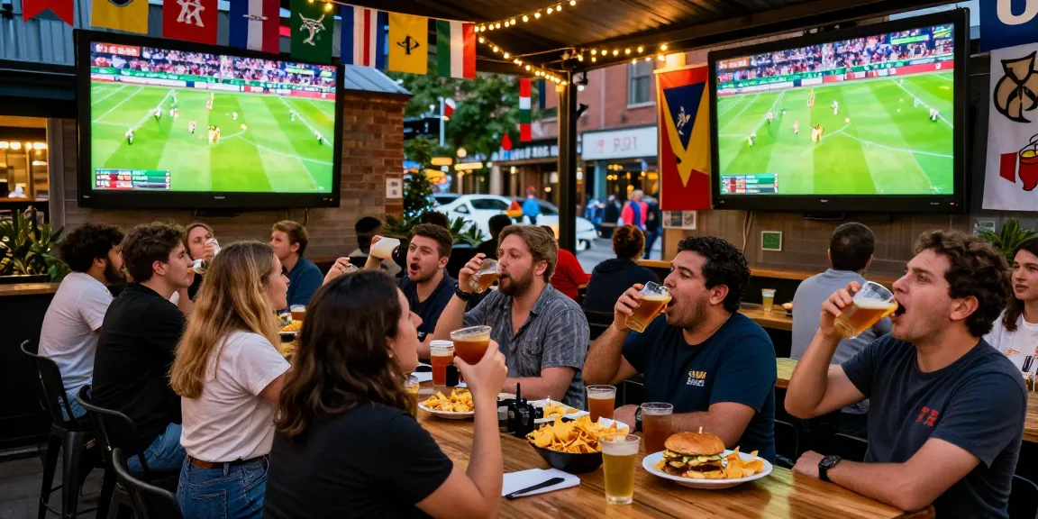 Fans enjoying football at a vibrant outdoor bar, شاهد المباريات هنا with excitement and community spirit.