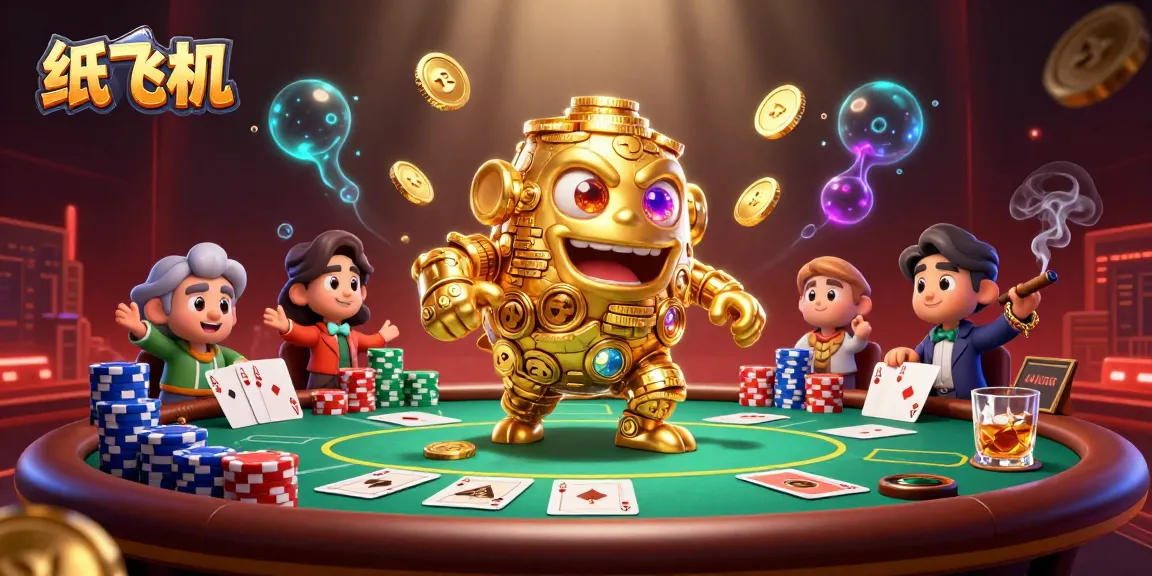 Engage in thrilling gameplay with 纸飞机, surrounded by vibrant poker elements and a golden golem.