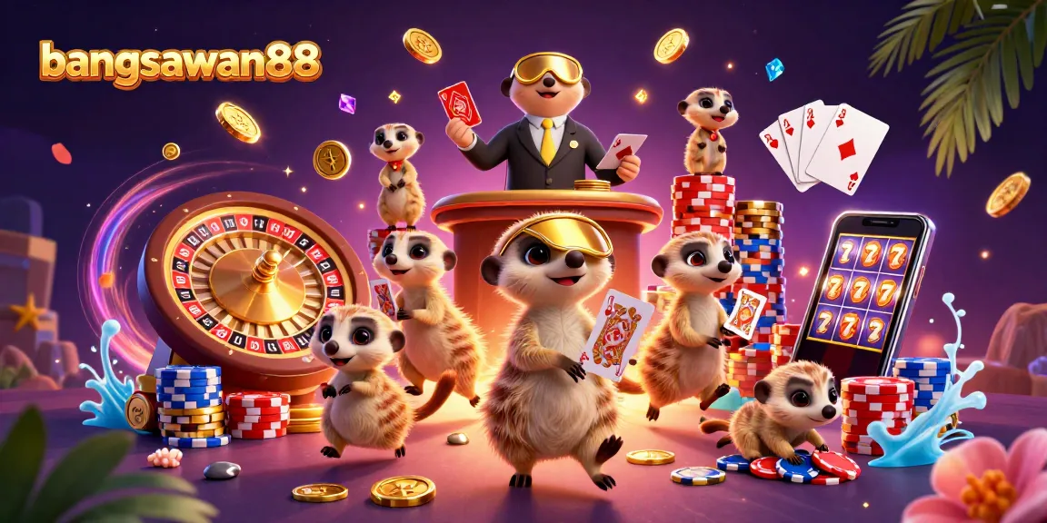 Bangsawan88 immersive casino scene with meerkats managing games, showcasing vibrant slots and poker elements.