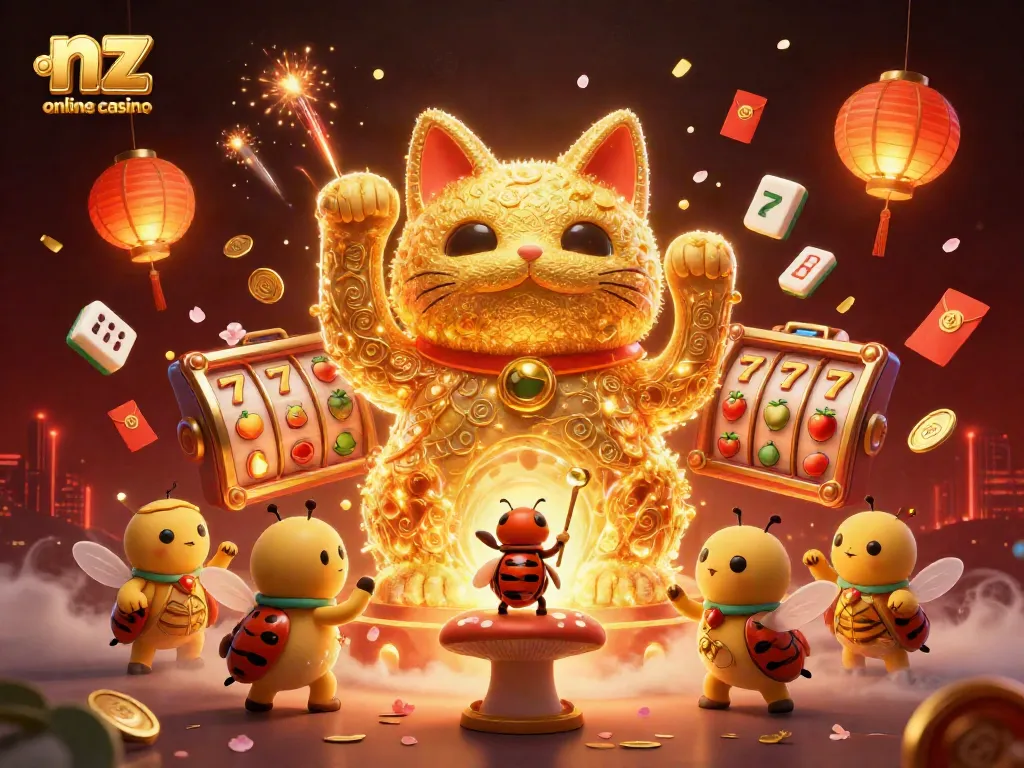 Engage with the vibrant nz online casino scene featuring a lucky cat and dynamic casino symbols.