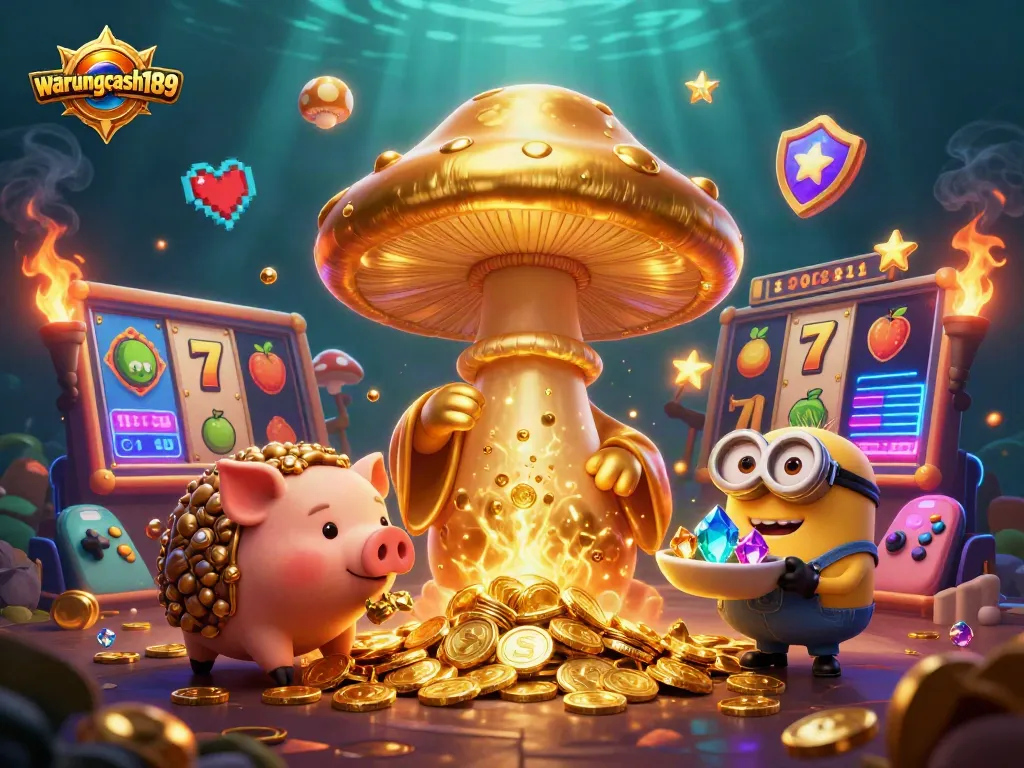 Win big with warungcash189 in this vibrant 3D illustration filled with casino-themed elements and treasures.