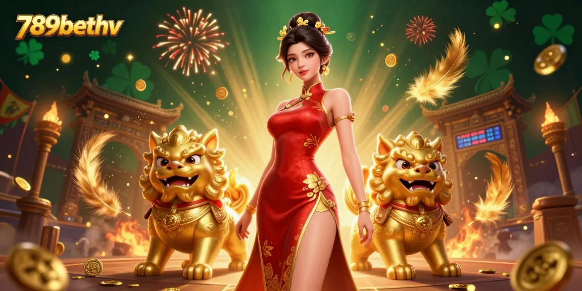 Betting excitement at 789bethv featuring a glamorous woman between golden guardians amidst dynamic sports elements.