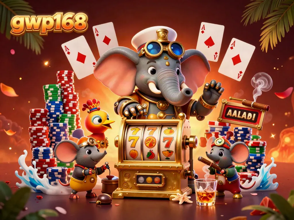 Menggunakan gwp168, gajah steampunk beraksi di mesin slot emas dengan simbol keberuntungan.