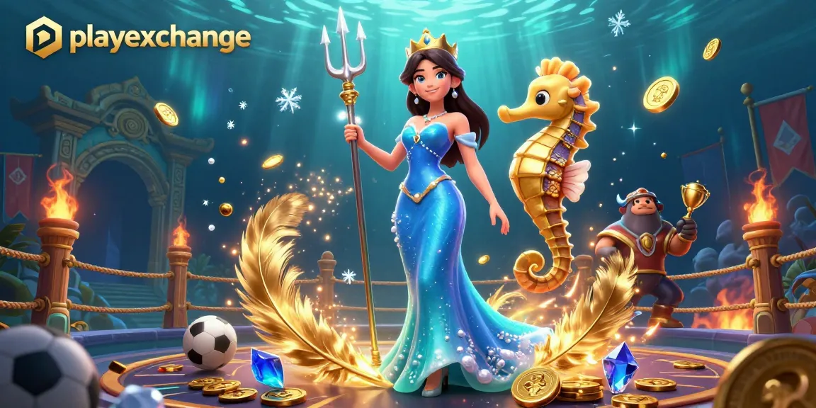 Engage in sports betting with playexchange on a vibrant underwater illustration featuring a glowing pearl and seahorse king.
