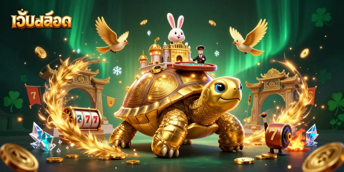 Engage with เว็บสล็อต through a vibrant 3D illustration featuring a golden tortoise casino and whimsical characters.