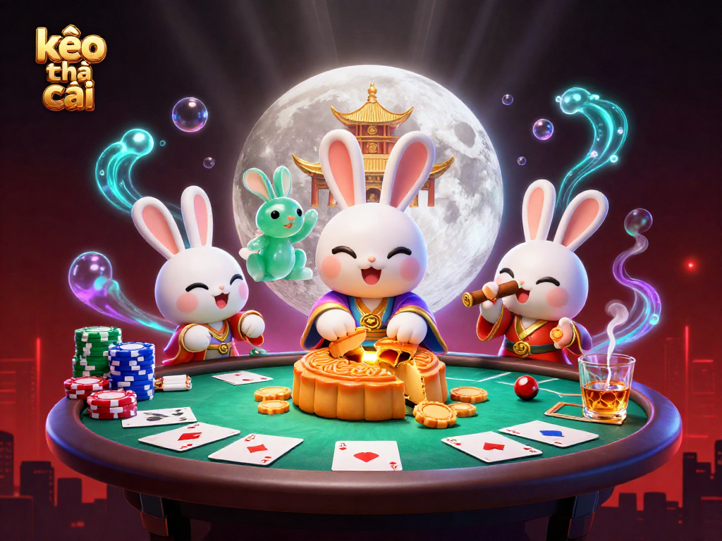Engage with kèo nhà cái as the moon rabbit crafts golden mooncakes revealing poker chips, capturing the thrill of gambling.