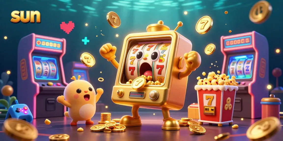 Sun-themed casino illustration featuring a joyful slot machine celebrating its jackpot amidst colorful gaming elements.