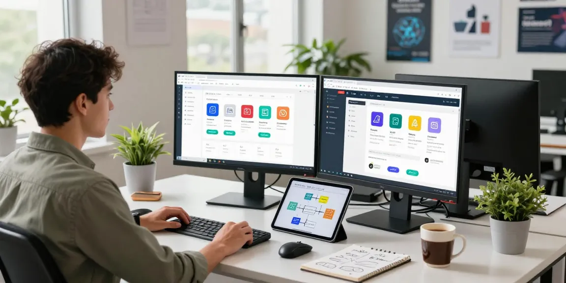 Professional workspace showcasing agentic AI collaboration tools with dual monitors and creative brainstorming elements.