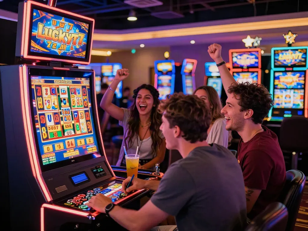Excited group enjoying Lucky777 slots at a vibrant casino.