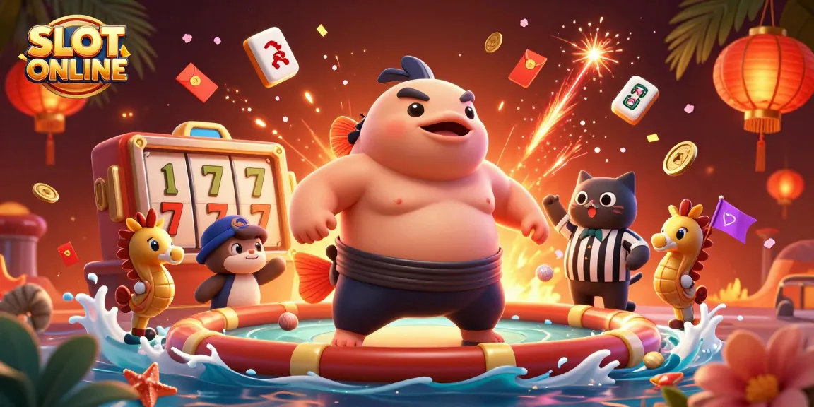 Bermain SLOT ONLINE dengan slot reel berwarna-warni dan penonton luar biasa dalam ilustrasi 3D yang penuh warna.