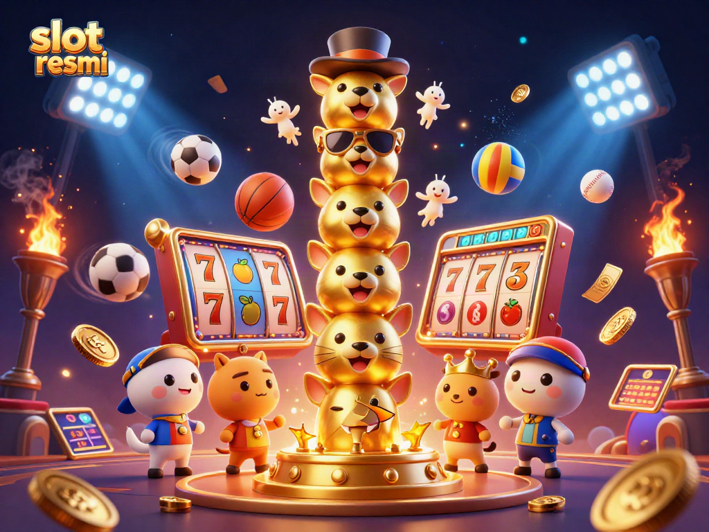 Slot resmi showcases a vibrant 3D casino scene with golden totem elements and dynamic game symbols.