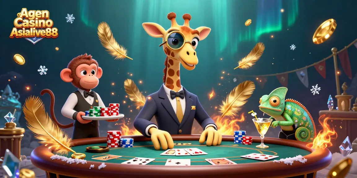 Agen Casino Asialive88 features a high-roller giraffe and monkey valet at a poker table, capturing an energetic gambling atmosphere.