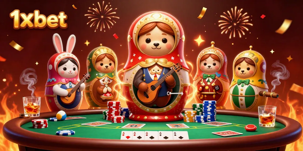 Experience the thrill of 1x bet with a lively 3D illustration featuring playful characters and poker elements.