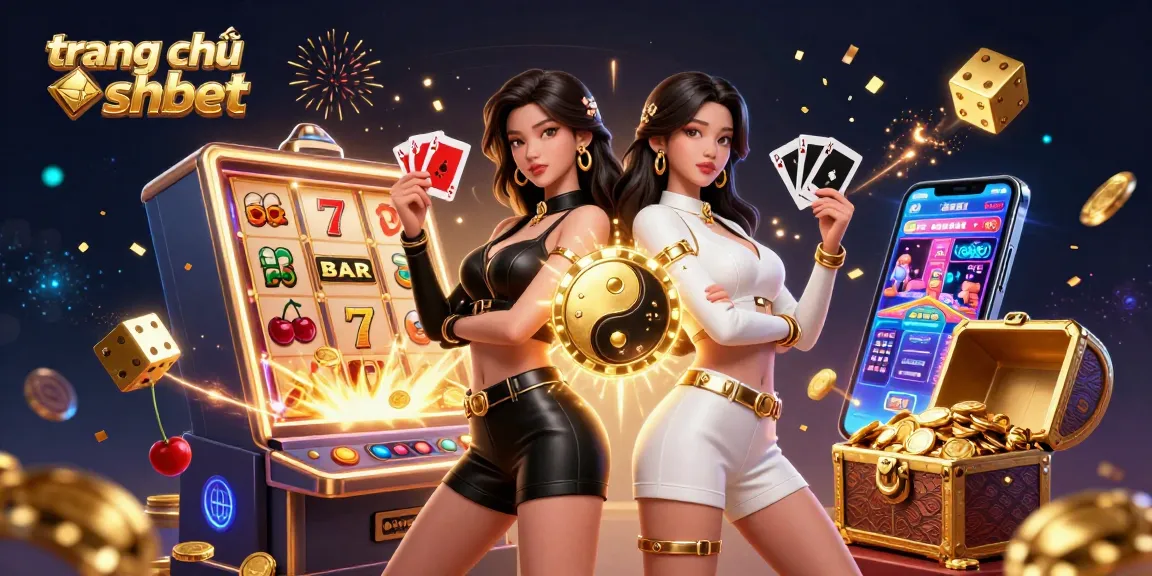 Win big at trang chủ shbet with stunning visuals showcasing twin Asian women holding playing cards amidst casino elements.