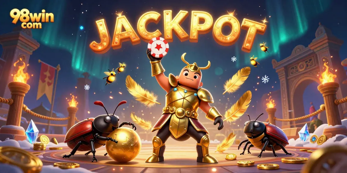 Engage in thrilling gameplay at 98win com with a vibrant 3D casino scene showcasing victorious characters and jackpot elements.