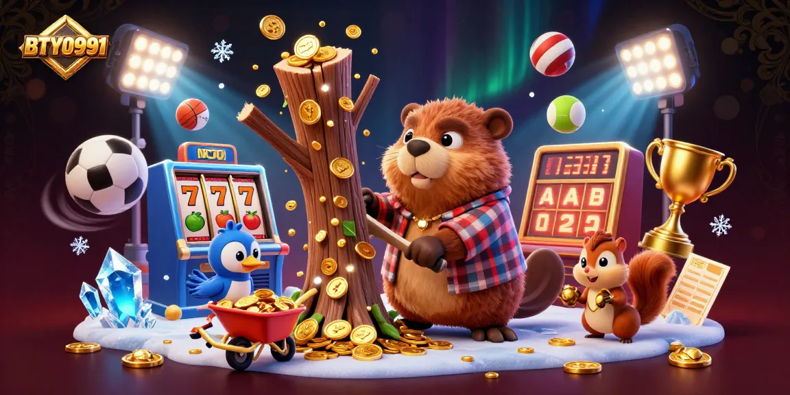 Experience BTY0991 with a vibrant 3D illustration featuring a beaver and gold rewards.