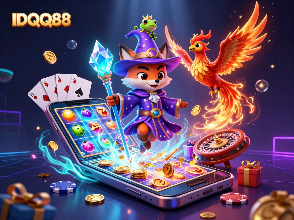 Join IDQQ88 for thrilling slot game action with a mystical wizard fox, phoenix, and exciting game elements.