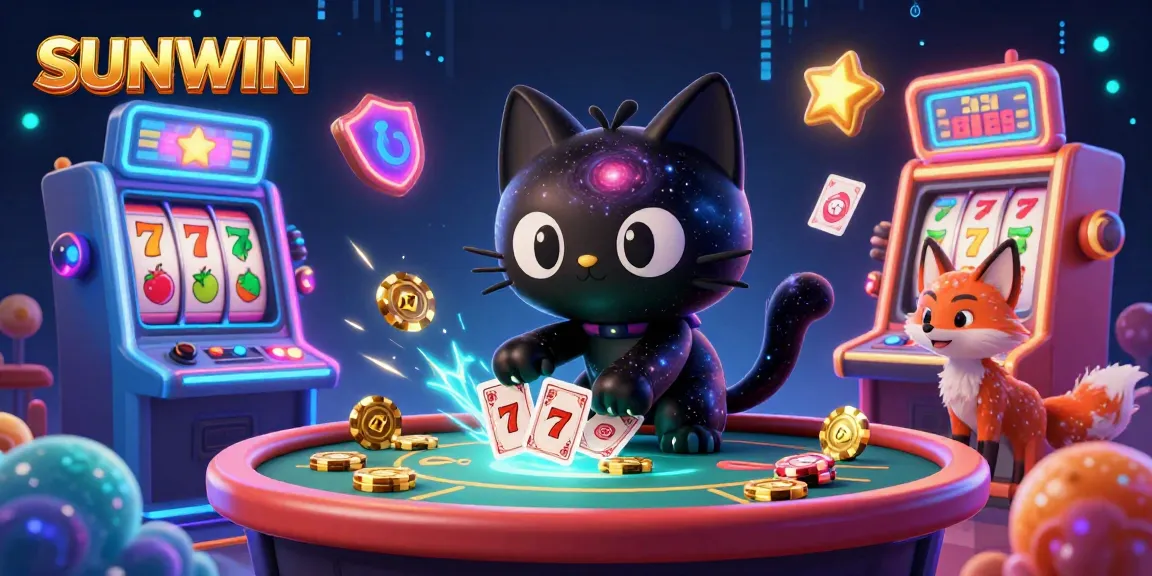 SUNWIN offers a captivating casino experience with a cosmic theme featuring a black hole cat and colorful gas cloud fox.