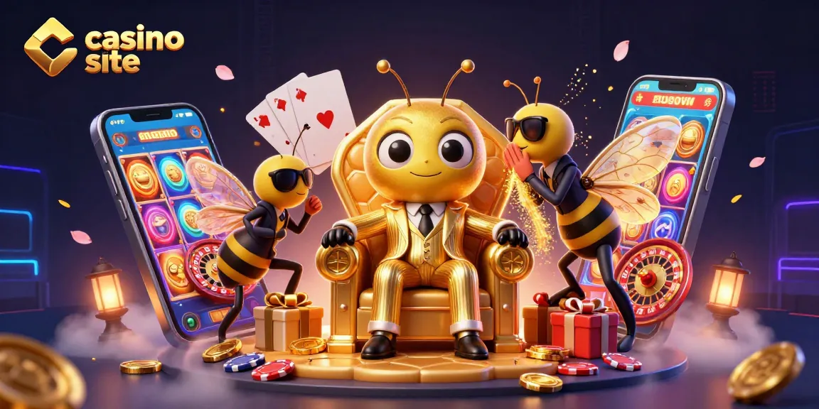 A dynamic 3D casino site scene with a bumblebee mob boss, slot games, and golden coins, perfect for gambling enthusiasts.