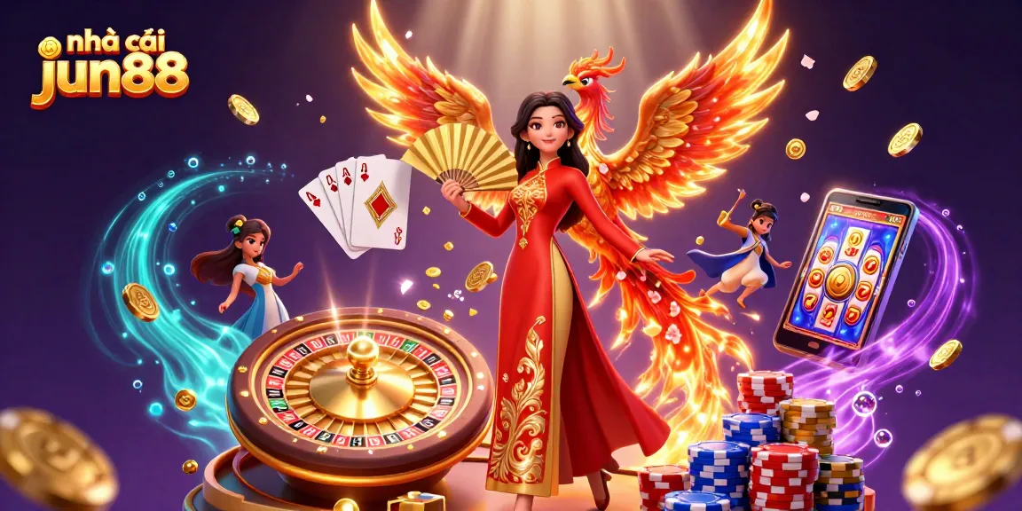 Experience thrill at nhà cái jun88 with 3D illustration of vibrant casino elements and traditional Vietnamese culture.