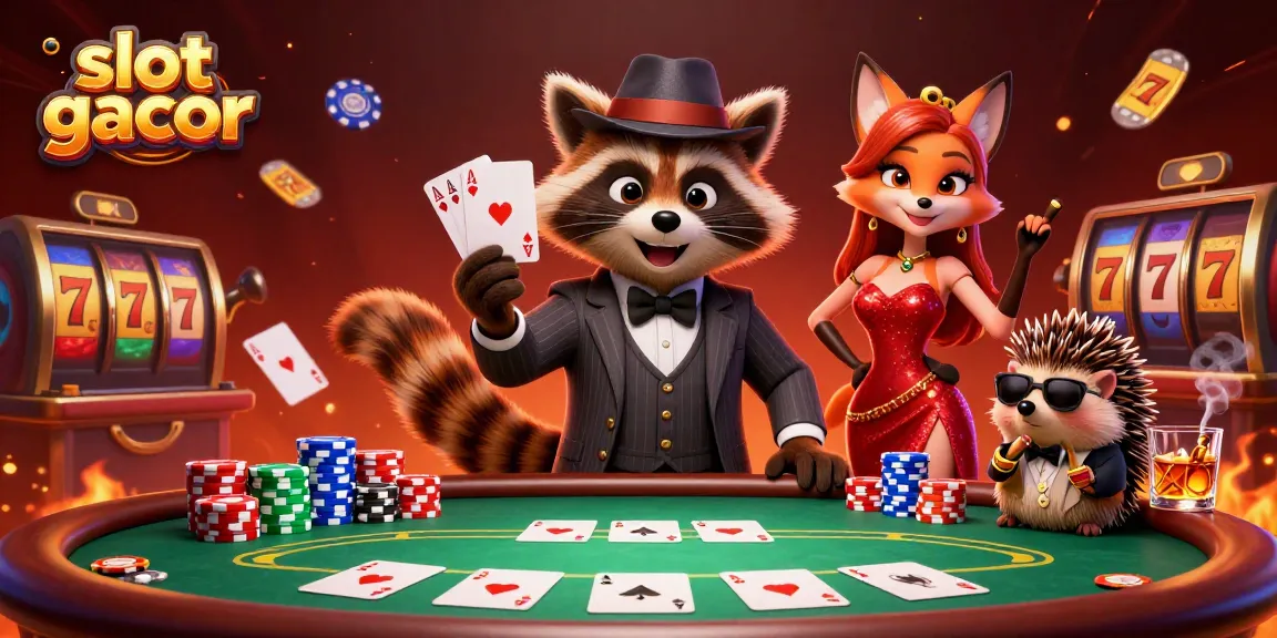 Engage with exciting slot gacor gameplay expression with a suave raccoon, playful fox, and vigilant hedgehog in a vibrant casino scene.