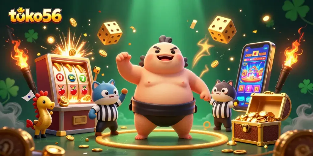Fitur toko56 dengan permainan slot yang seru dan karakter unik dalam ilustrasi kasino bawah laut.