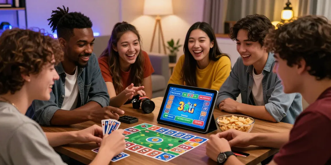 Download the vibrant 3 Patti Blue game with friends enjoying gameplay on a tablet in a cozy living room.