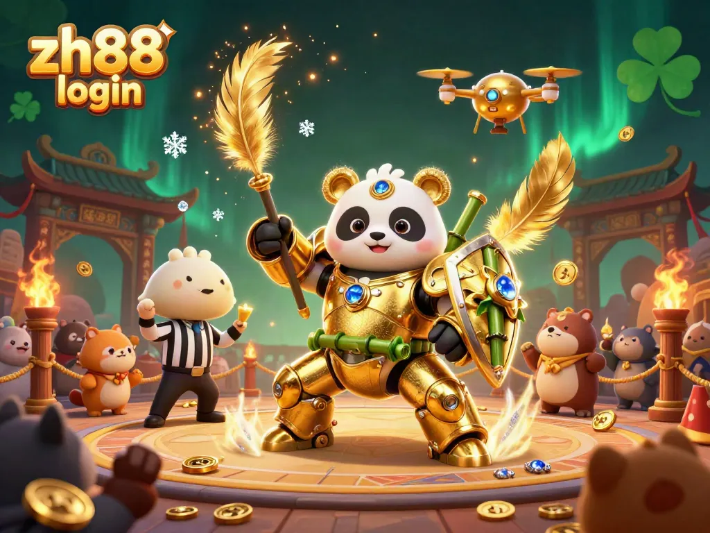 Engage in exhilarating wins with the zh88 login experience as a golden panda battles in a lively arena.
