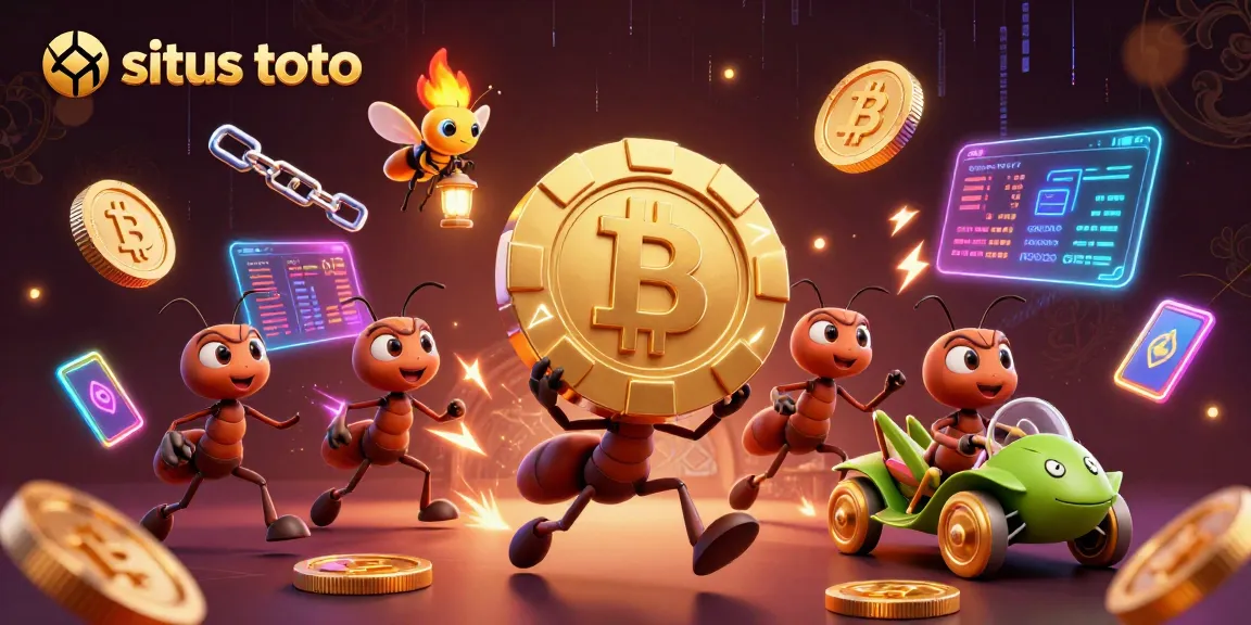 Engage with situs toto's thrilling heist as ants carry giant poker chips amid dazzling crypto coins.