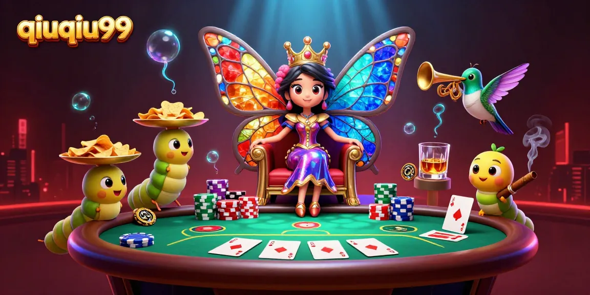 Experience thrilling gameplay at qiuqiu99 with vibrant poker chips, cards, and animated characters.