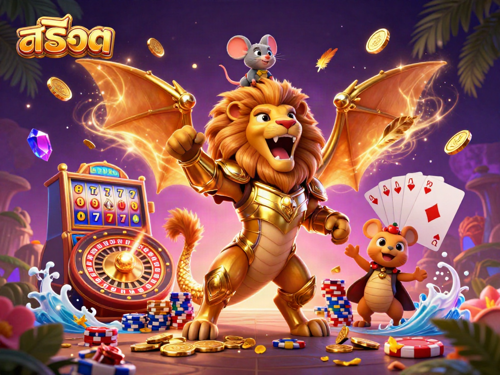 Experience thrilling สล็อต action featuring a golden chimera and jewels in a vibrant casino scene.
