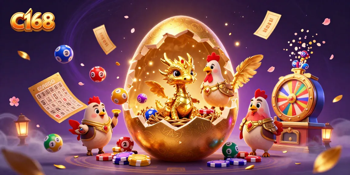 Engage with C168's vibrant golden dragon nesting on poker chips, surrounded by lively gambling elements.