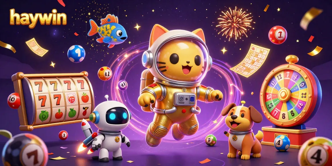 Experience the excitement of haywin with colorful slot reels and animated characters amidst dynamic casino elements.