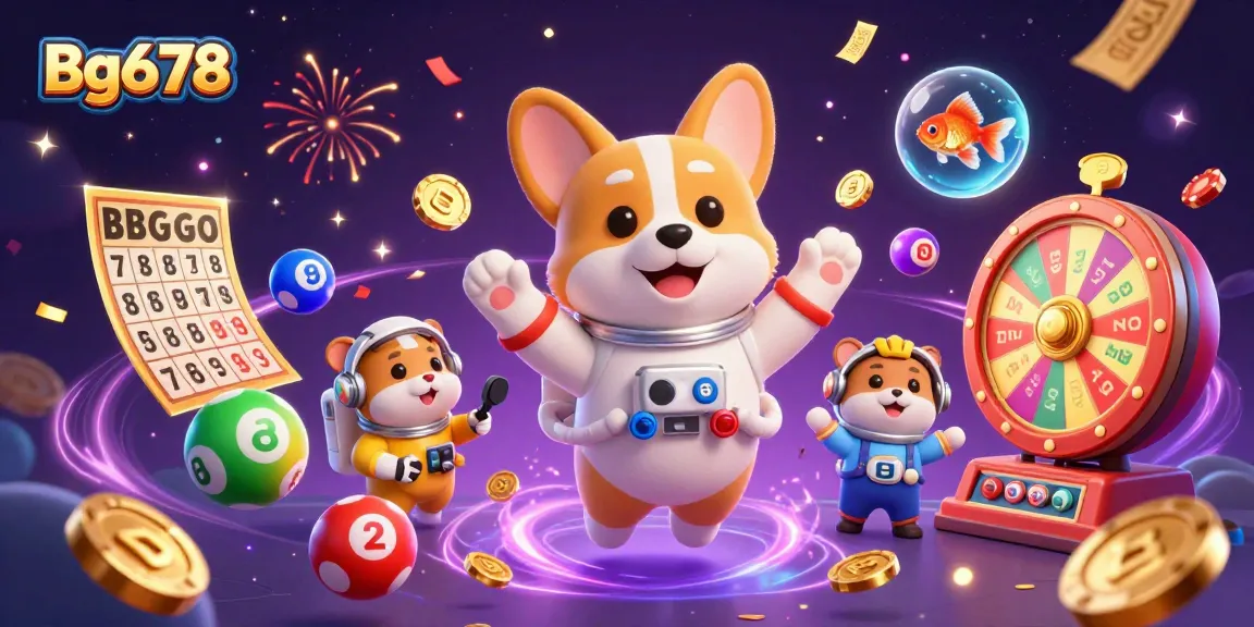 Join the fun at Bg678 with a vibrant space casino scene featuring animated characters and lottery elements.