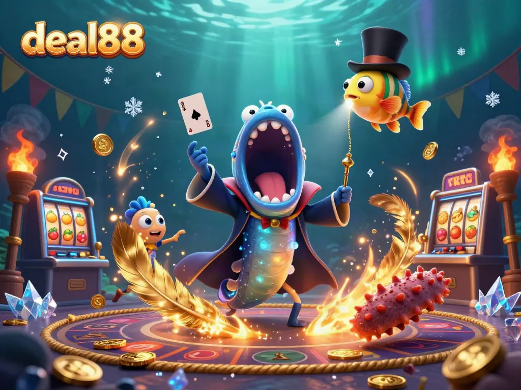 Experience thrilling card tricks with deal88 at this vibrant underwater casino illustration.
