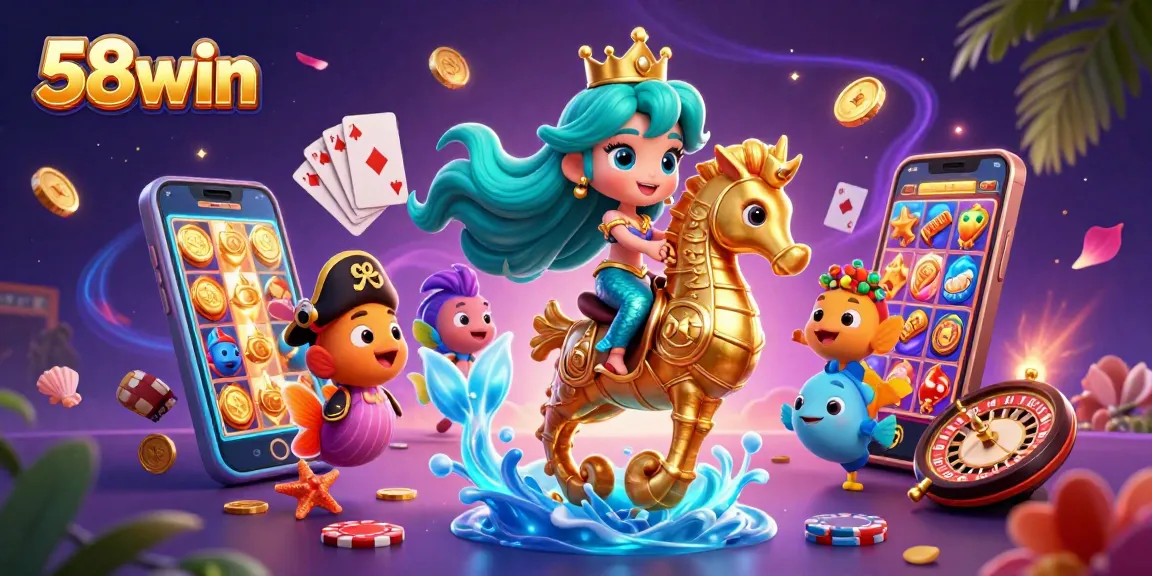 58win's vibrant casino illustration of a mermaid princess and seahorse amidst dynamic gambling elements.