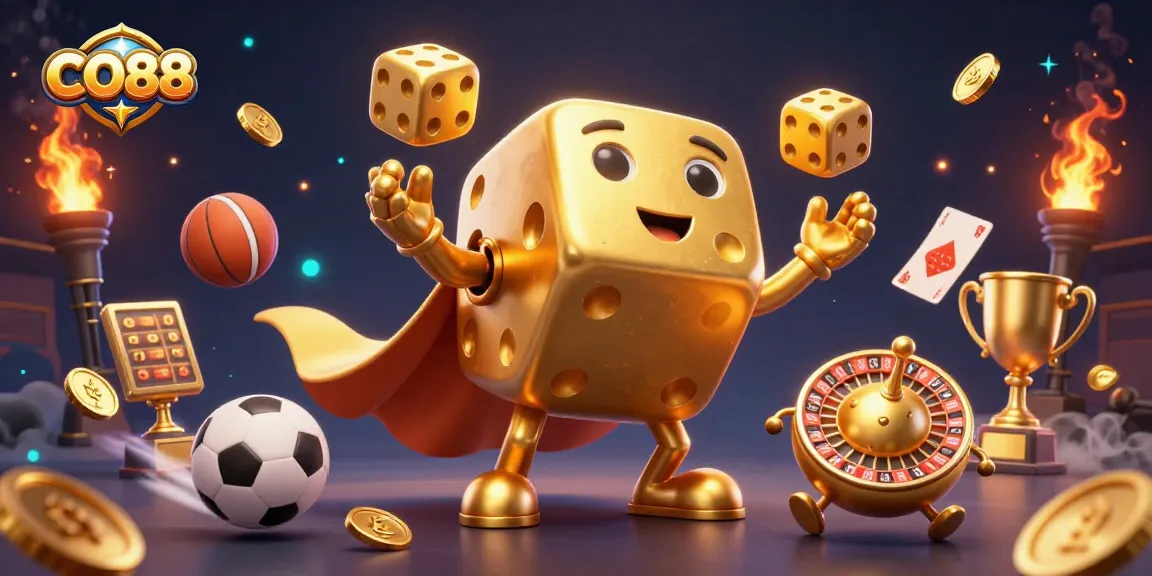 Experience thrilling action with CO88 as golden dice juggle amid vibrant sports themes and dynamic elements.