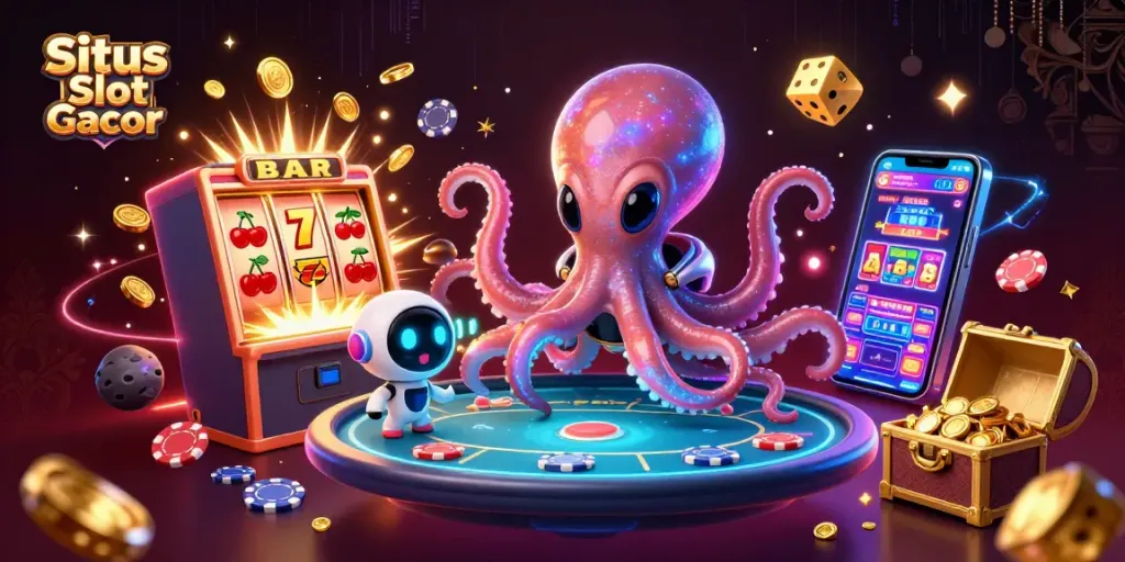 Situs Slot Gacor menarik perhatian dengan alien dan robot beraksi di meja poker holografik