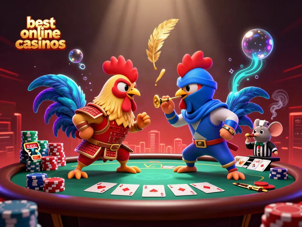 Engaging twin fighting roosters in dynamic standoff amidst vibrant gambling scene at the best online casinos.