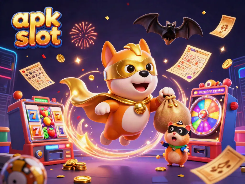Menggandeng apk slot, ilustrasi permainan slot yang penuh warna dengan karakter kartun 3D, koin emas, dan efek confetti.