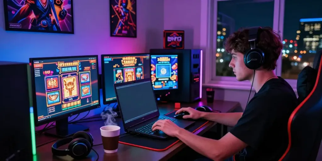 User playing akunjp online slots on a laptop in a vibrant gaming setup with colorful graphics and accessories.