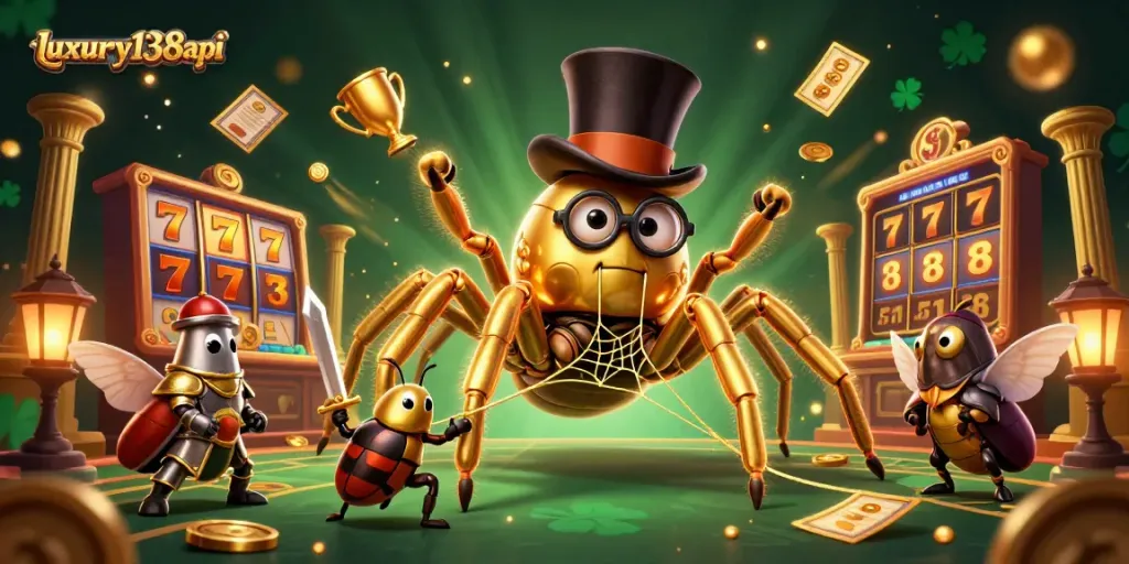 Engage with luxury138api featuring a golden tarantula, beetle knight, and dynamic slot elements in a vibrant casino scene.