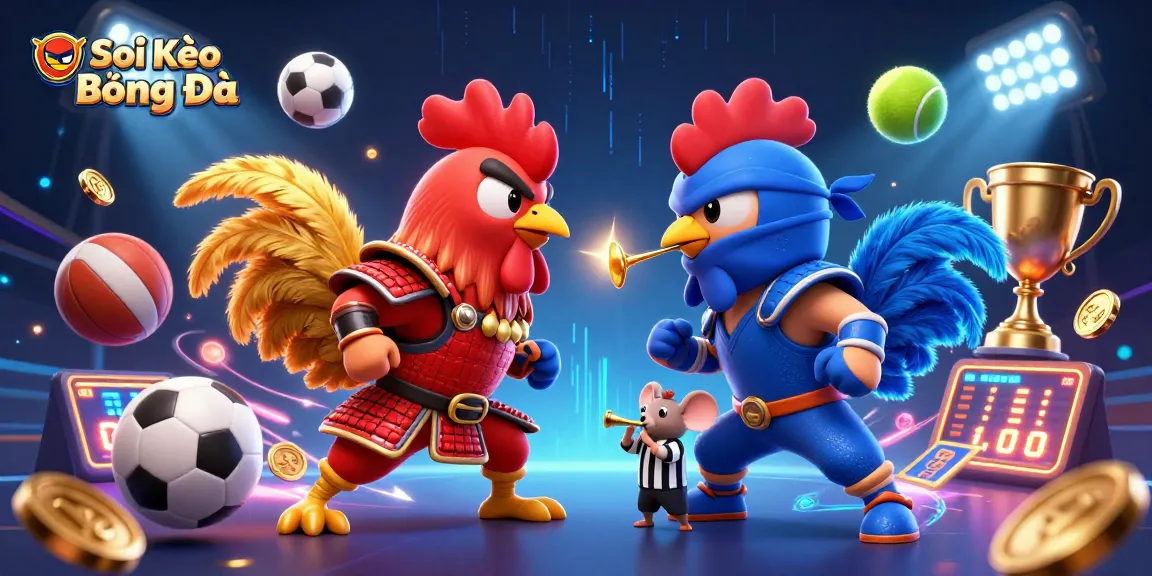 Soi Kèo Bóng Đá with twin cartoon roosters and sports elements in a dynamic betting standoff.