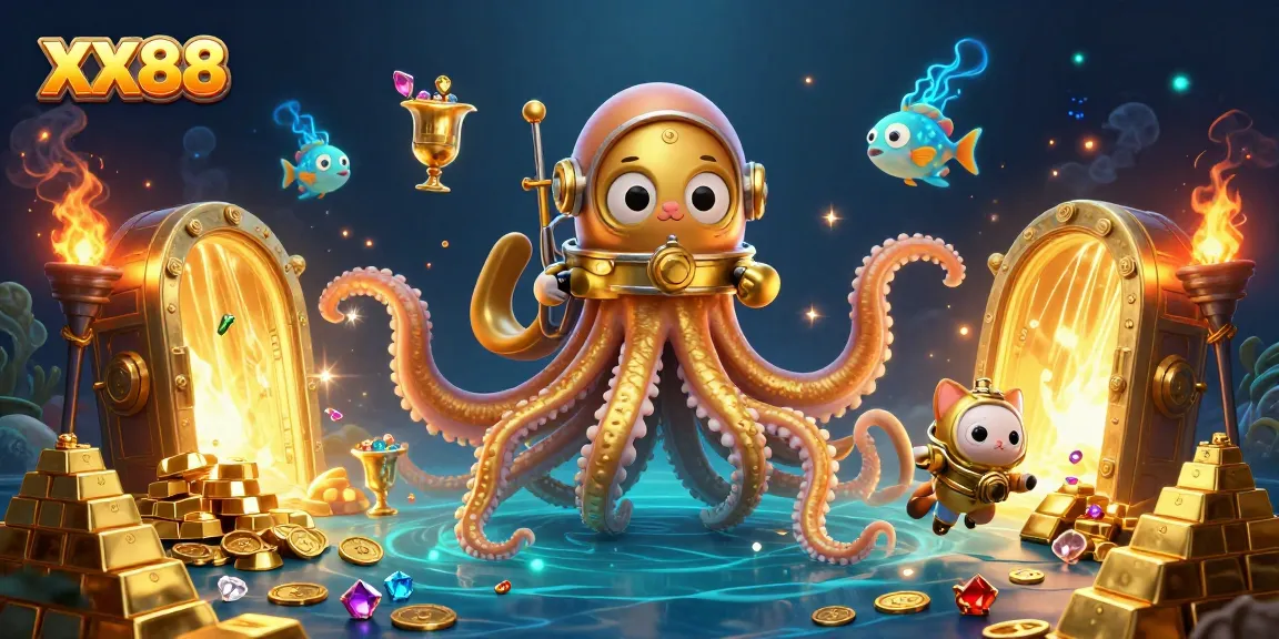 Experience the thrill of winning at XX88 with the colossal kraken and a diving cat illustrating underwater treasures.