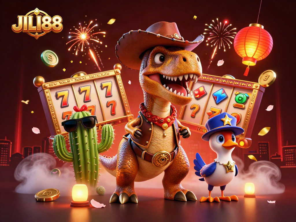 Win big with JILI88 in a vibrant, interactive casino scene featuring animated characters.