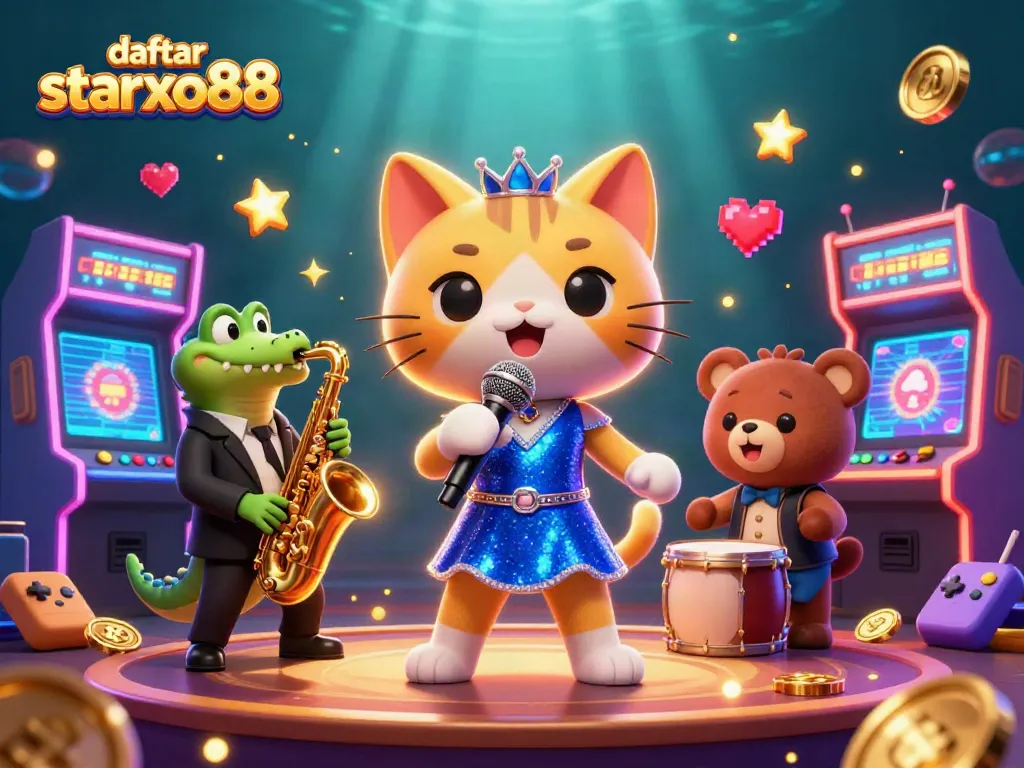Engage with daftar starxo88 through a lively casino scene featuring singing animals and vibrant game elements.