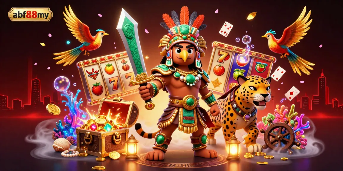 Engage with afb88my's vibrant 3D casino illustration featuring a dynamic Aztec warrior scene.