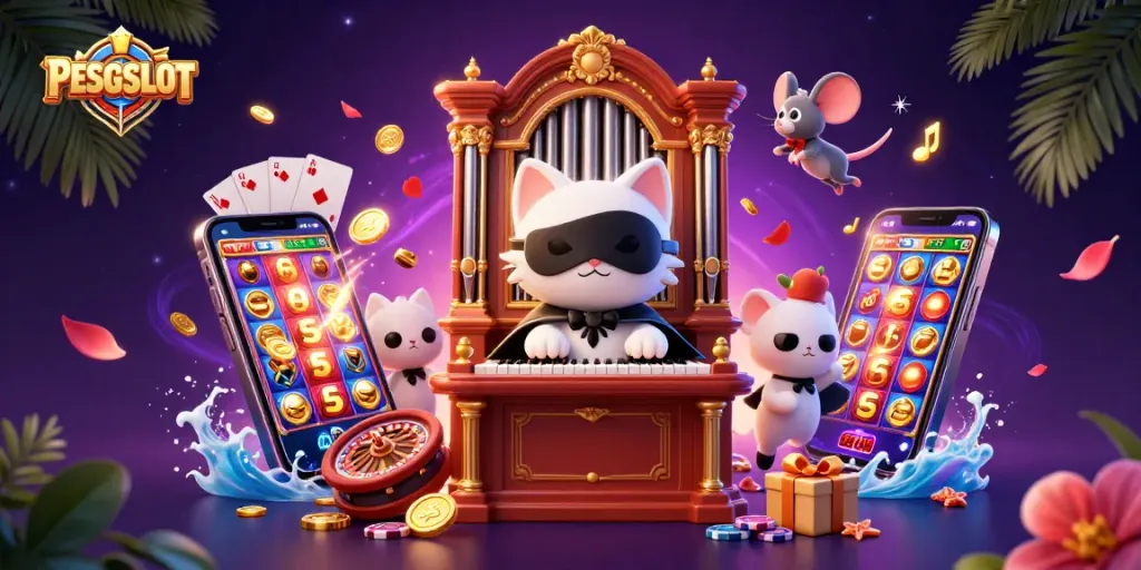 PESGSLOT menghadirkan pengalaman bermain slot yang unik dengan karakter menarik dan elemen kasino berwarna-warni.