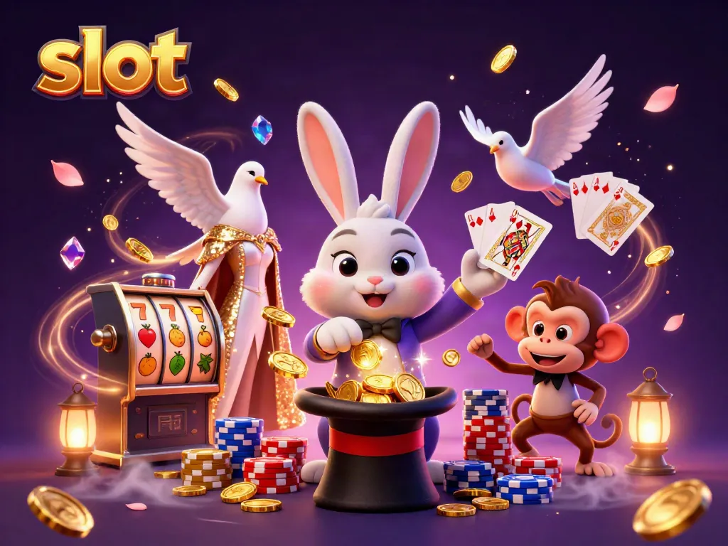 Experience the thrill of slot action with a magician rabbit, dove, and monkey amidst shimmering coins.