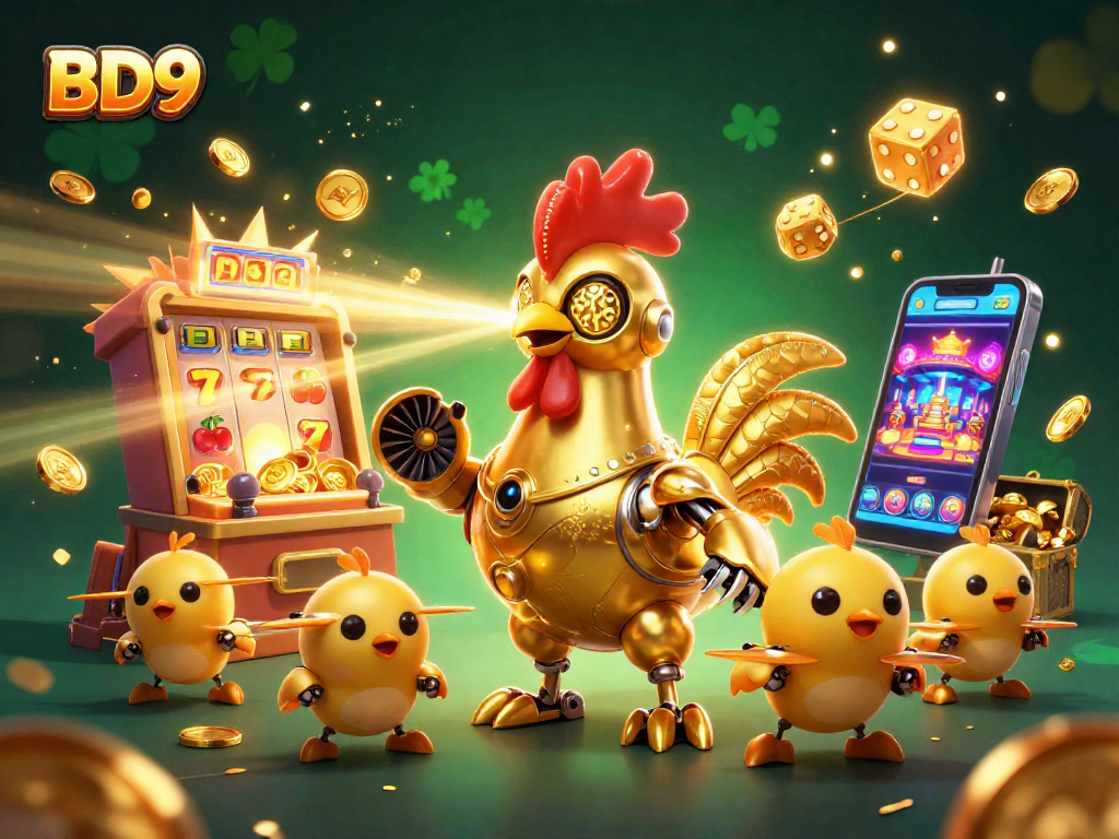 Engage in exciting gaming adventures at BD9, featuring a golden rooster robot and baby chick drones amidst dynamic casino games.